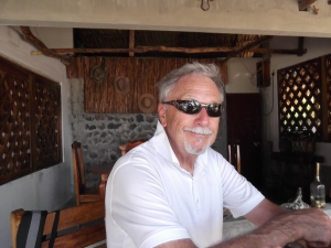 My dad looking very tropical at lunch on Ometepe Island